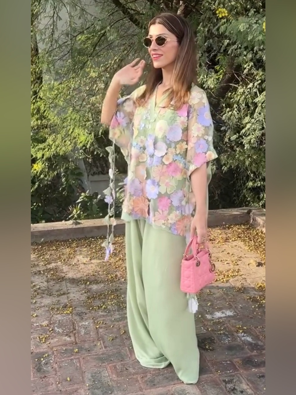 Pastel Green 3D Floral Appliqué Women's top with flair pants 2 piece Set